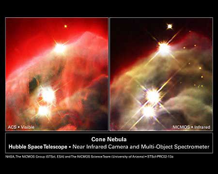 Cone Nebula photographed by Hubble's Near Infrared Camera and Multi-Object Spectrometer (NICMOS).