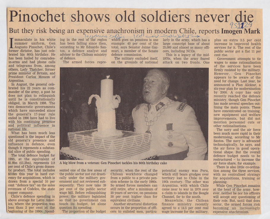 General Augusto Pinochet 80th birthday, Financial Times, November 29, 1995.