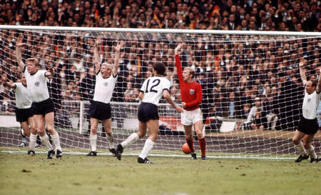 FRG equalise 2-2 in the last minute of normal time in the legendary FIFA World Cup final against England, Wembley Stadium, London, July 30, 1966. The extra-time witnessed two goals by England's forward Geoff Hurst. First of them stills the most controversial goal in football history!