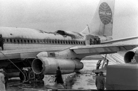 Explosion in the Pan Am Boeing 707 set afire with thermite bombs by Palestinians, Fiumicino International Airport, Rome, Dec. 17, 1973.