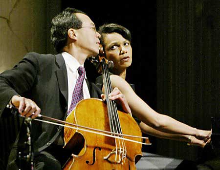 Musician Yo-Yo Ma and National Security Advisor Condoleezza Rice, instrumental duet, Washington, April 22, 2002.