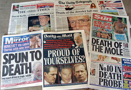 The front pages of the London newspapers covering the story of the apparent death of Ministry of Defence scientist and former Iraqi weapons inspector David Kelly, July 19, 2003.