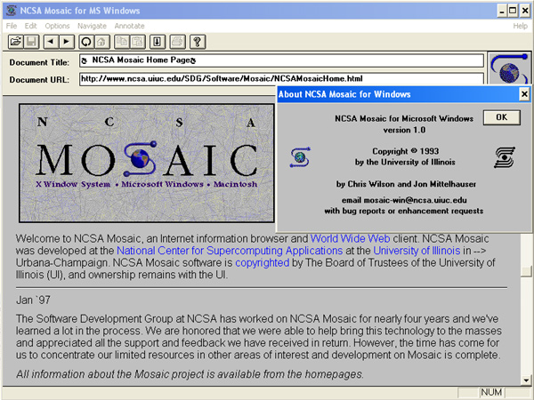 Mosaic 1.0 with its default homepage visited and version info displayed.