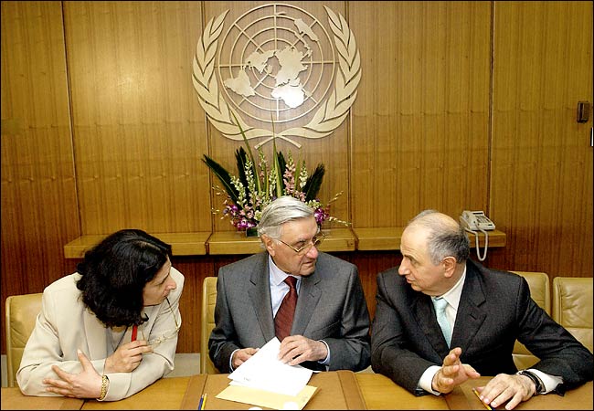Members of the Iraqi Governing Council, Akila al-Hashemi, Adnan Pachachi and Ahmad Chalabi, before meeting with the secretary general, Kofi Annan, United Nations, New York, July 22, 2003.