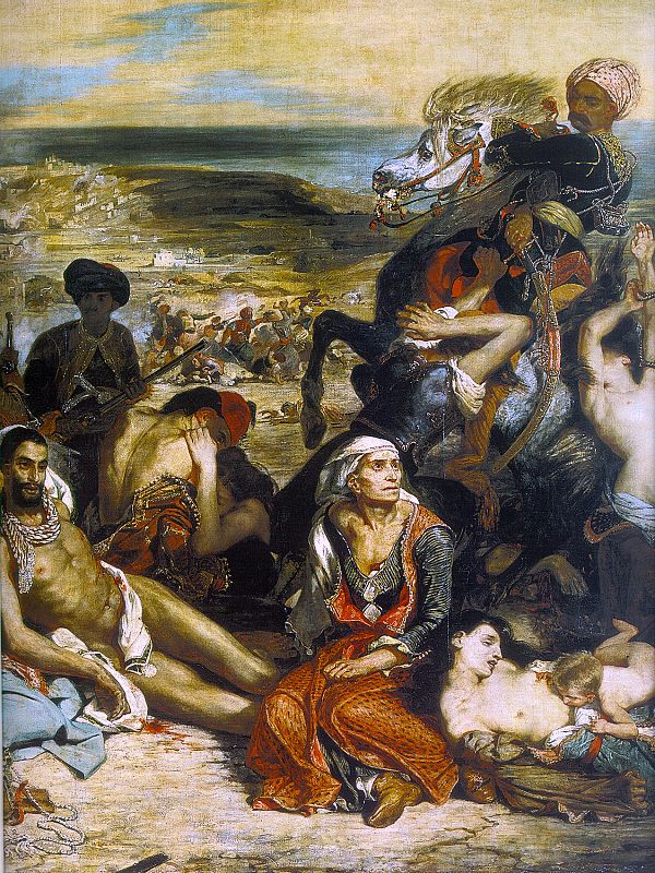 In 1822, during the War of Greek Independence, many of the Christian inhabitants of Chios were massacred or sold into slavery by the Turks. Eugne Delacroix, Massacre at Chios (1824, Oil on canvas, Louvre Museum, Paris).