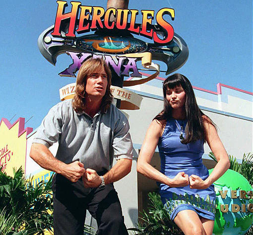 Kevin Sorbo of the television series Hercules, and Lucy Lawless of the Xena Warrior Princess poses at the unveiling of Universal Studios Florida's summer attraction Hercules and Xena, Orlando, July 10, 1997.