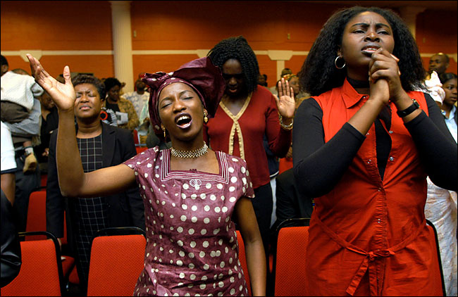 In cities like Paris, Amsterdam and especially London, there are many thriving independent black churches, packed with newcomers, mostly women, from Nigeria, Sierra Leone and other African countries, a London church, October 2003.