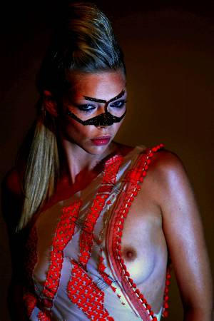 A model wears a design by Polish-born designer Arkadius Weremczuk during his Spring-Summer 2004 show at London Fashion Week on Saturday, September 20, 2003.