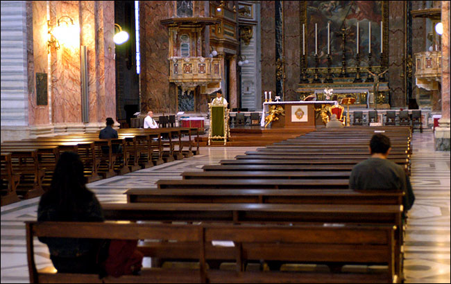 Attendance at Mass on Sunday was sparse, church of SS. Ambrogio and Carlo, Rome, October 2003.