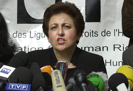 Iranian lawyer and activist Shirin Ebadi, speaks during a press conference after being awarded the 2003 Nobel Peace Prize for her focus on human rights, especially on the struggle for the rights of women and children, Paris, October 10, 2003.