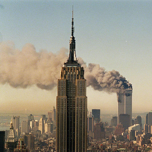 The twin towers of the World Trade Center burn behind New York's Empire State Building, New York, September 11, 2001.