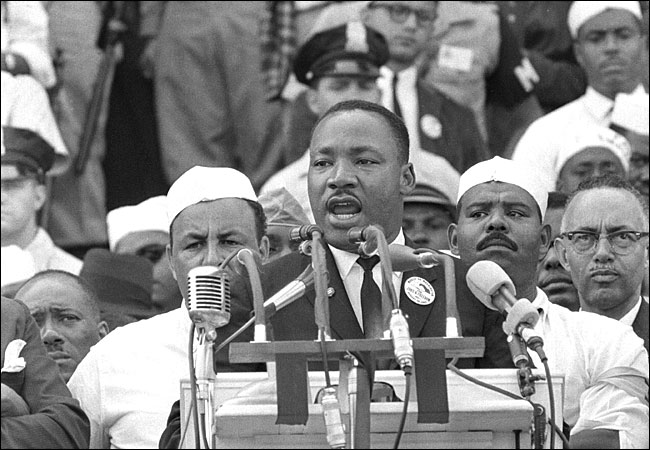 Dr. Martin Luther King Jr., head of the Southern Christian Leadership Conference, addressed marchers during his I Have a Dream speech at the Lincoln Memorial, Washington, D.C., Auguat 28, 1963.
