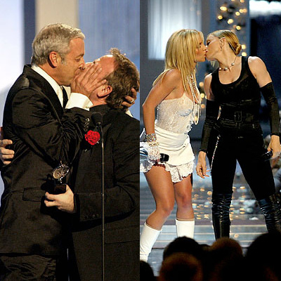 Scott Wittman and Mark Shaiman, who are life partners as well as music partners, shared a kiss on winning the Tony award for best score for 'Hairspray,' 57th Annual Tony Awards, Radio City Music Hall, New York, June 8, 2003.
Britney Spears gets a kiss on the mouth from Madonna as they open the 2003 MTV Video Music Awards show, Radio City Music Hall, New York, August 28, 2003.