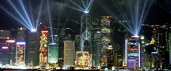 Hong Kong waterfront during the show called Symphony of Lights, April-May 2004.