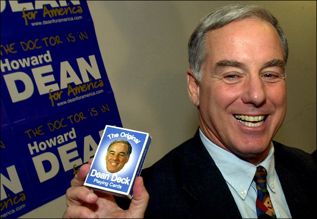 Howard Dean displayed a pack of The Original Dean Deck Playing Cards, October 2003.