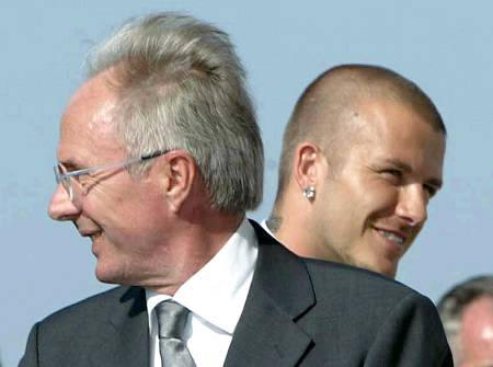 England coach Sven-Goran Eriksson and captain David Beckham arrive with the rest of the England squad at the Solplay Hotel for the Euro 2004 Championships, near Lisbon, Portugal, June 7, 2004.