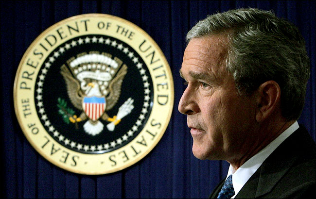 U.S. President George W. Bush in his first news conference after re-election, Executive Office Building, next to the White House, Washington, November 3, 2004.