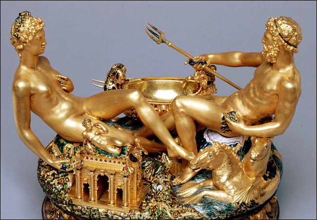 Saliera (salt cellar), golden sculpture by Benvenuto Cellini, circa 1540, Kunsthistorisches Museum, Vienna, Aaustria.
