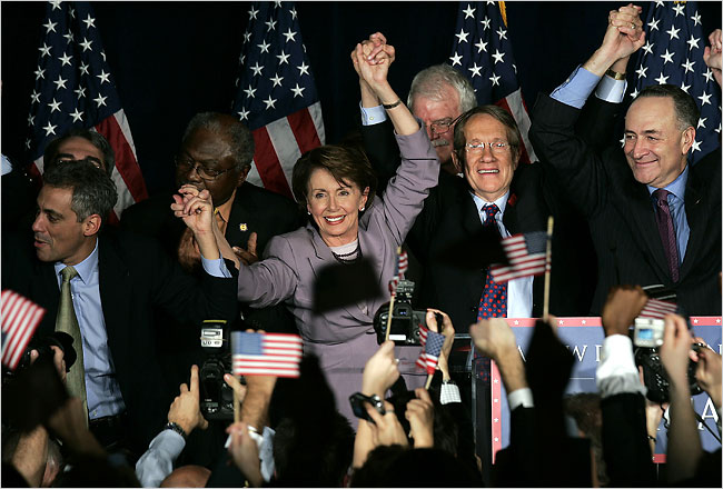 Representative Nancy Pelosi, leader of House Democrats, celebrates with other Democrats at the Hyatt Hotel on Capitol Hill after Democrats gained control of the House, November 7, 2006.