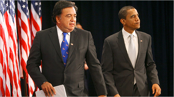 U.S. President-elect Barack Hussein Obama with Governor Bill Richardson of New Mexico at a news conference announcing Mr. Richardsons nomination as commerce secretary, December 2008.