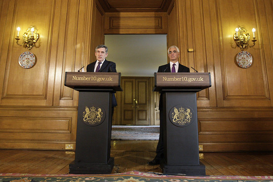 Prime Minister Gordon Brown, along with Alistair Darling, his Chancellor of the Exchequer, declares the U.K. plan for bank recapitalization, October 13, 2008.