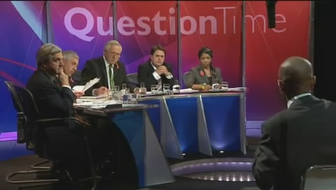 From left, Liberal Democrat Home Affairs spokesman Chris Huhne, the Conservative spokeswoman for community cohesion Baroness Warsi (not obvious), the Justice Secretary Jack Straw, TV host David Dimbleby, the leader of the British National Party Nick Griffin and playwright and author Bonnie Greer, are the panel of BBC1' Question Time, October 22, 2009.