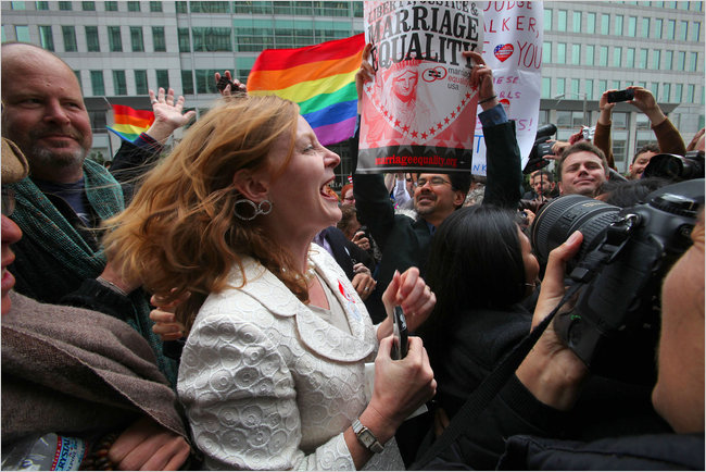 Molly McKay from Marriage Equality celebrates the decision to overturn the ban on gay marriage, outside of the Phillip Burton Federal Building, San Francisco, California, August 4, 2010.