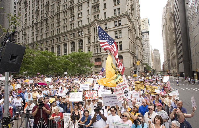 Thousands of protesters carry signs expressing their love for freedom, their contempt for Sharia, and their anger at Islamic supremacism and insult to the memories of those murdered on 9/11 that a mosque proposed in the site represents, Ground Zero, New York, June 6, 2010.