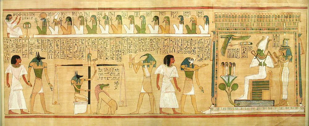 The judgment or the weighing of the heart scene, from the book of the dead of scribe Hunefer (19th Dynasty) papyrus, depicts Hunefer conducted to the balance by jackal-headed Anubis, the monster Ammit, which is composed of the deadly crocodile, lion, and hippopotamus, crouches beneath the balance so as to swallow the heart should a life of wickedness be indicated, Anubis conducts the weighing on the scale of Maat, against the feather of truth, and the ibis-headed Thoth, scribe of the gods, records the result.
As his heart is proven lighter than the feather, Hunefer is allowed, as the next panel shows, to pass into the afterlife, and been presented by falcon-headed Horus to the shrine of the green-skinned Osiris, god of the underworld and the dead, accompanied by Isis and Nephthys and the 14 gods of Egypt are shown seated above, in the order of judges.