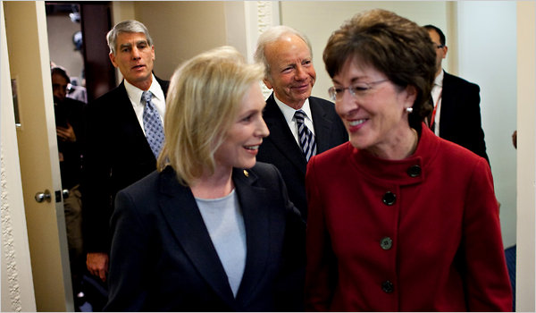 Clockwise from left, Senators Mark Udall, Joseph I. Lieberman, Susan Collins and Kirsten Gillibrand after a news conference on the repeal of 'dont ask, dont tell,' the ban on gays serving openly in military, Washington, December 18, 2010