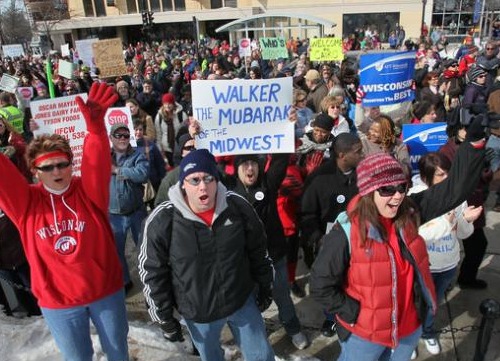 Union supporters, state employees and students protest for the third day against a bill that could end the collective bargaining rights for government employees, Madison, Wisconsin, February 17, 2011.