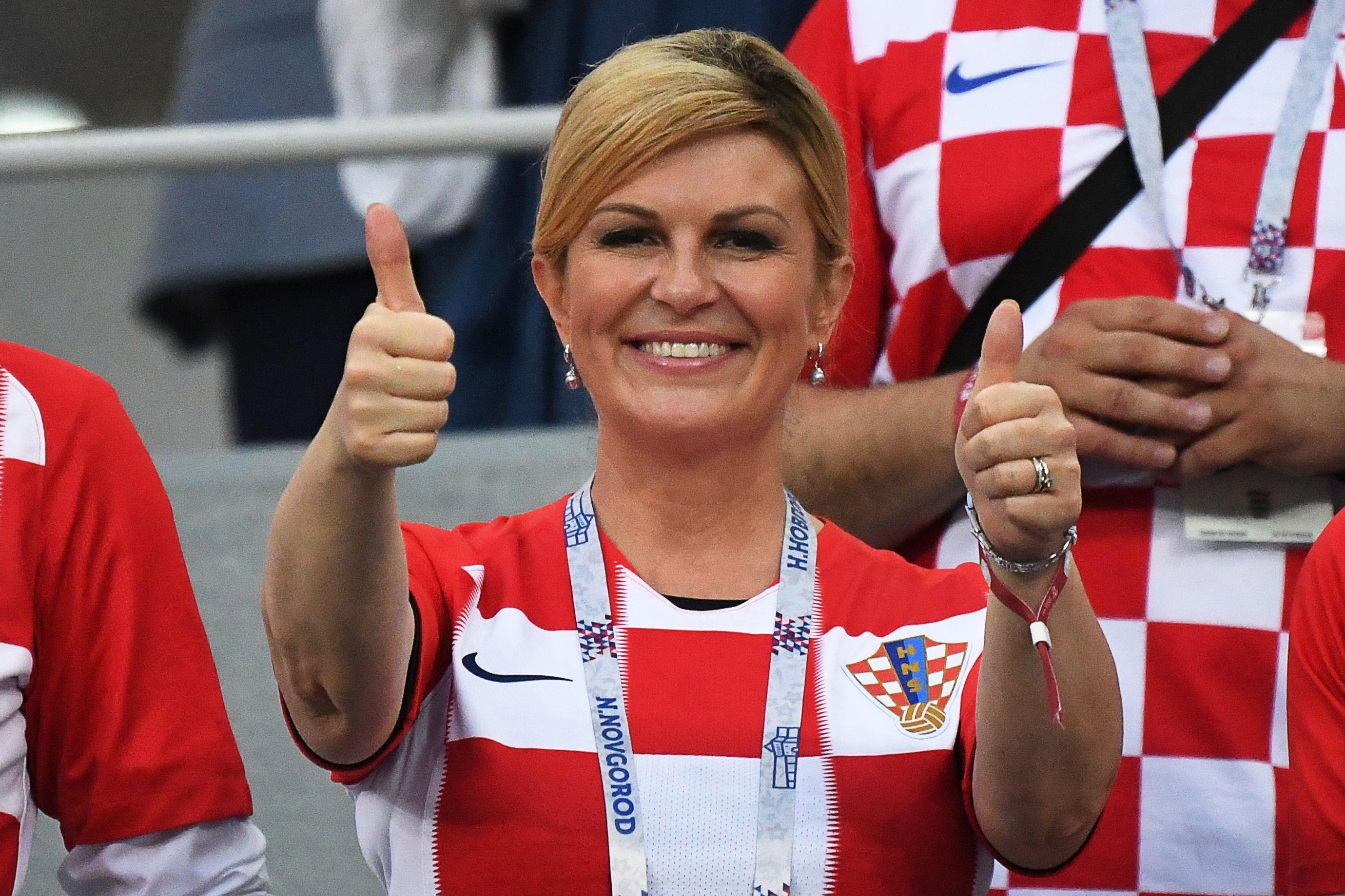 Croatia's President Kolinda Grabar-Kitarovic attends the 2018 World Cup round of 16 football match between Croatia and Denmark at the Nizhny Novgorod Stadium, Nizhny Novgorod Russia, July 1, 2018.