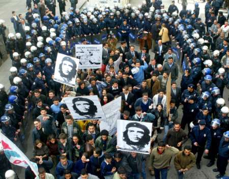 A leftist students protest against a possible U.S. military attack on Iraq, Ankara, October 21, 2002.