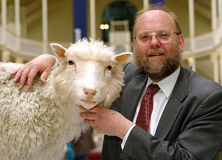 Professor Ian Wilmut leader of the Roslin Institute team that cloned Dolly the Sheep, with her preserved body, Edinburgh's Royal Museum, April 9, 2003.