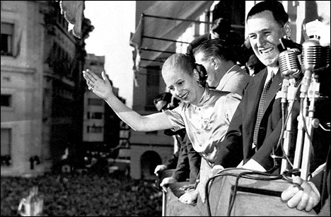 President Juan Domingo Peron and his wife, Eva, on the balcony of the Casa Rosada, the presidential palace, Buenos Aires, 1950.