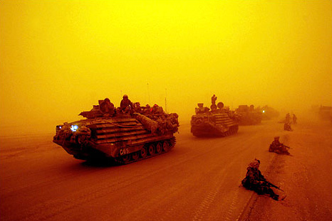 A First Marine Division convoy under sandstorms, Southern Iraq, March 25, 2003.