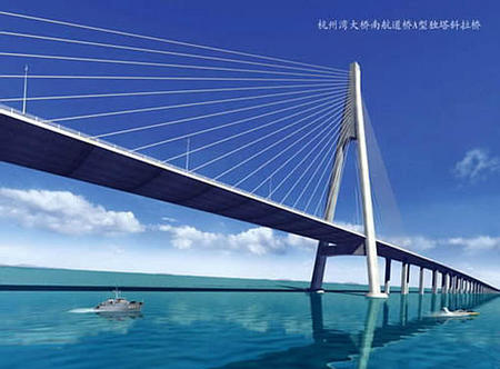 An artist's rendering of of China's first, and world's longest trans-oceanic bridge, a 36-kilometer structure to cross the Hangzhou Bay. Construction began June 8, 2003.