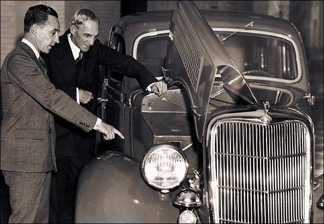 While the father saw cars as purely utilitarian, his son, who died four years before him, saw them as luxury products, too. Henry Ford with his son Edsel, Mercury division (which Edsel created), 1934.
