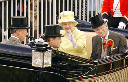 Britain's Queen Elizabeth II, Prince Philip, Prince Charles and Prince Edward, arrive in an open carriage for the first day of the Royal Ascot horse race meeting, Ascot, England, June 17, 2003.