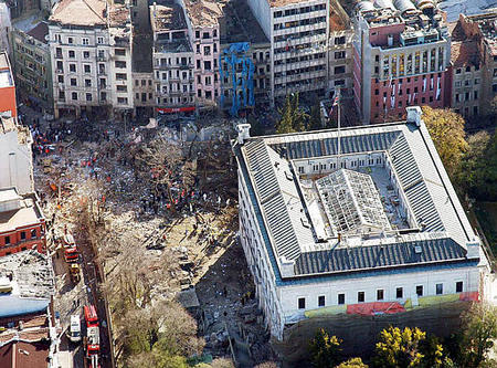 The British Consulate building and its surroundings are seen after the explosion, Istanbul, Turkey, November 20, 2003.