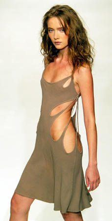A model wears a design in the Ghost Spring-Summer 2004 show, a label designed by Amy Roberts and founded by Tanya Sarne, London Fashion Week, September 22, 2003.