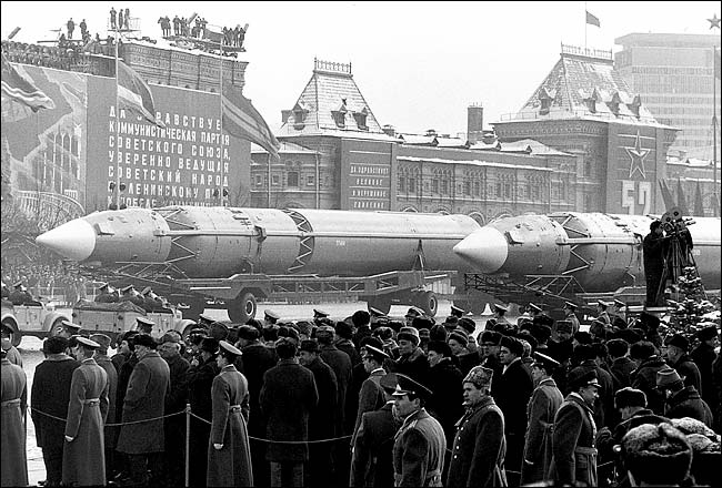 Soviet nuclear arms shown during a military parade, October 1969.