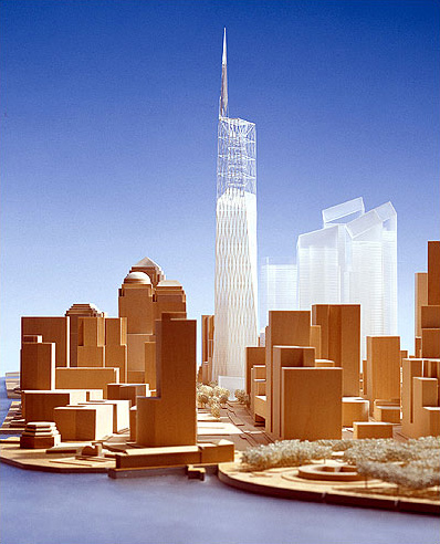 A design for the 1776-foot (542 meters) skyscraper that developers hope to build at the World Trade Center site was shown to the public for the first time on December 19, 2003. According to the Lower Manhattan Development Corporation the design was an 'idea' of Daniel Libeskind Studio and was 'given form' by David M. Childs, a partner in Skidmore, Owings & Merrill.