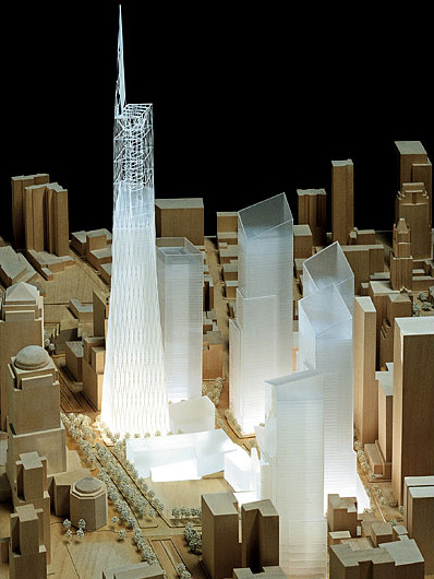 A design for the 1776-foot (542 meters) skyscraper that developers hope to build at the World Trade Center site was shown to the public for the first time on December 19, 2003. According to the Lower Manhattan Development Corporation the design was an 'idea' of Daniel Libeskind Studio and was 'given form' by David M. Childs, a partner in Skidmore, Owings & Merrill.