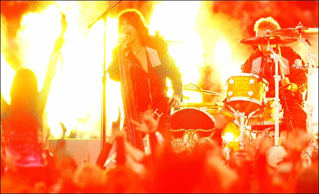Steven Tyler and his rock band Aerosmith performed before the final game of Super Bowl XXXVIII, Houston, February 1, 2004.
