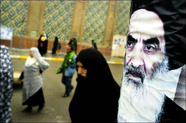 A poster of the 'Grand Ayatollah' Ali A-Sistani, Najaf, Iraq, January 2004.