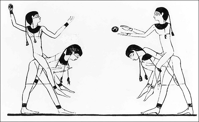 Illustration from ancient Egypt displyed in the American National Baseball Hall of Fame of a baseball-like game.