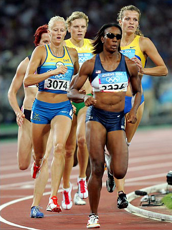 Carolina Kluft of Sweden, second from left, won the women's heptathlon with a score of 6,952 points, at the 2004 Olympic Games, Athens, Greece, August 21, 2004.