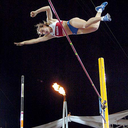 Russia's Yelena Isinbayeva won the women's pole vault, eclipsing her own mark set in July, at the 2004 Summer Olympics in the Olympic Stadium in Athens, August 24 2004.