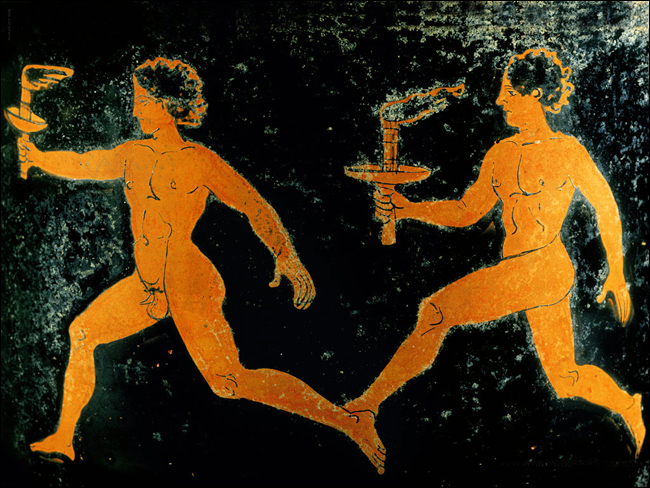 Picture of torchbearers on an ancient vase, Greece.